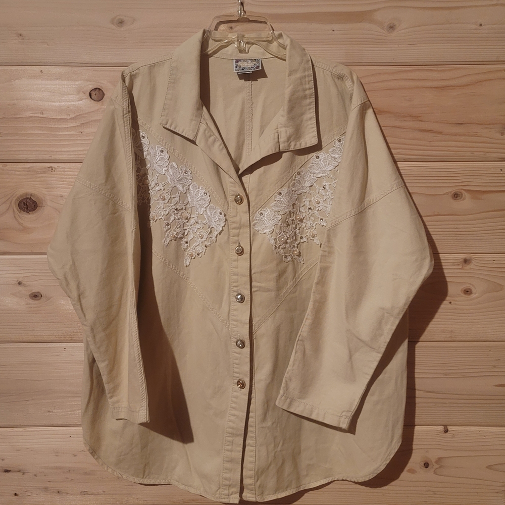 Vintage Monique Fashions Button Up Shirt Size 3XL 29x32 With Lace And Pearls